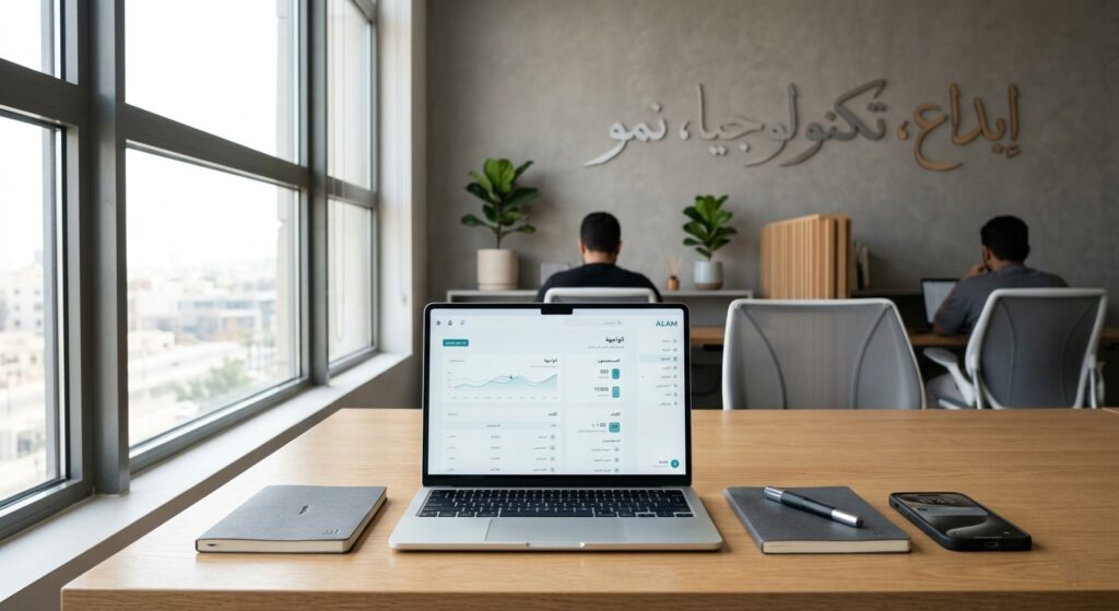 Modern tech startup workspace with laptop showing app interface, minimalist desk setup, and subtle Arabic design elements in soft natural lighting