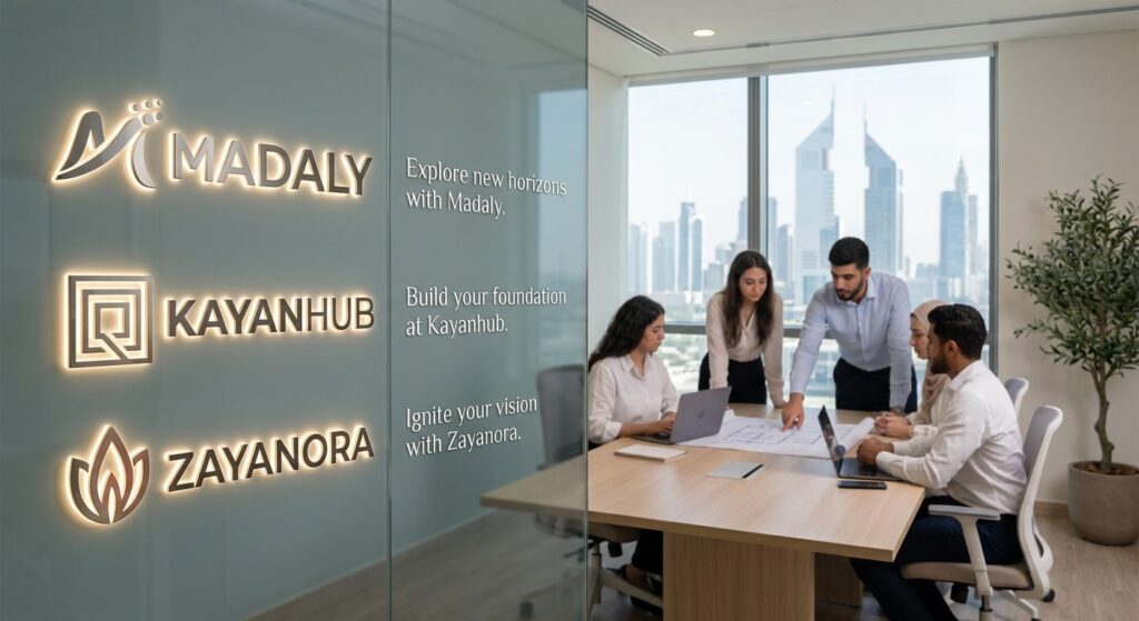 A modern meeting room where a creative team discusses a project around a wooden table. On the glass partition in the foreground, three glowing brand names are displayed: "MADALY," "KAYANHUB," and "ZAYANORA," each accompanied by a unique minimalist icon and a short motivational brand slogan. A bright city skyline is visible through the large office window.