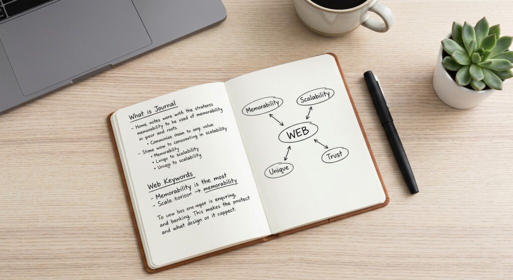 A desk flat lay showing a journal with brand name strategy keywords like 'Memorability' and 'Trust,' representing the initial brainstorming and strategy phase of choosing a brand name.